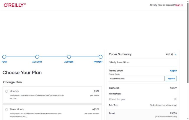 O'Reilly checkout page showing O'Reilly coupon code box | Screenshot taken by SimplyCodes community member on Aug 26, 2025