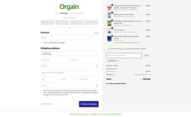 Orgain checkout page showing Orgain coupon code box | Screenshot taken by SimplyCodes community member on Apr 5, 2025