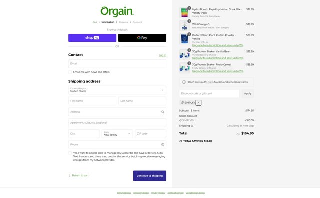 Orgain checkout page showing Orgain coupon code box | Screenshot taken by SimplyCodes community member on Feb 8, 2025