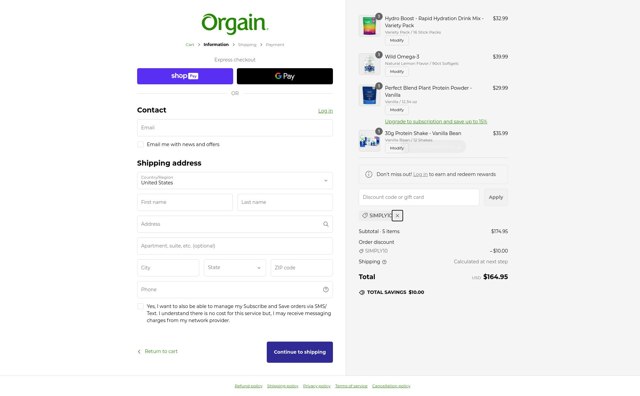 Orgain checkout page showing Orgain coupon code box | Screenshot taken by SimplyCodes community member on Feb 12, 2025