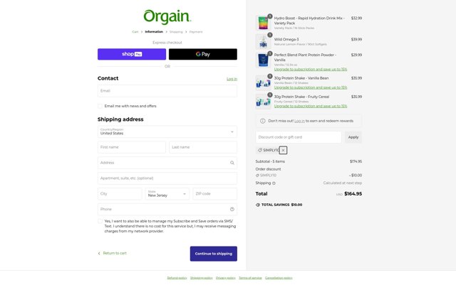 Orgain checkout page showing Orgain coupon code box | Screenshot taken by SimplyCodes community member on Jan 27, 2025