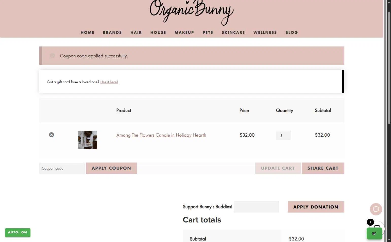 Organic Bunny checkout page showing Organic Bunny coupon code box | Screenshot taken by SimplyCodes community member on Nov 30, 2025