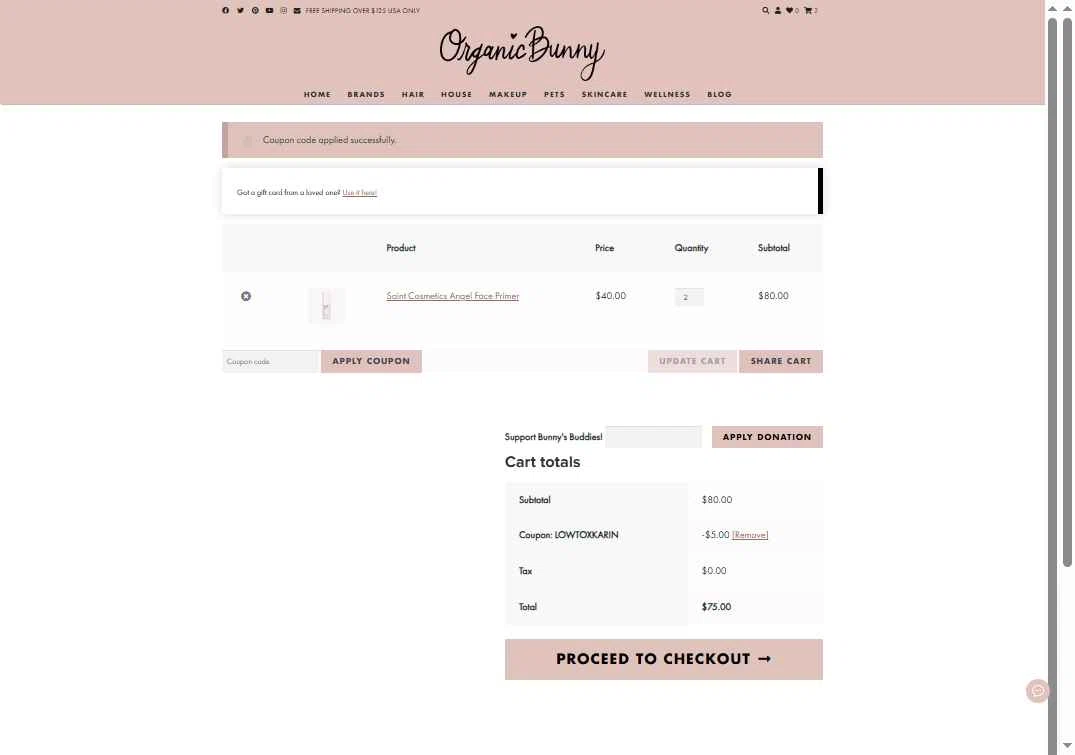 Organic Bunny checkout page showing Organic Bunny coupon code box | Screenshot taken by SimplyCodes community member on Oct 25, 2025