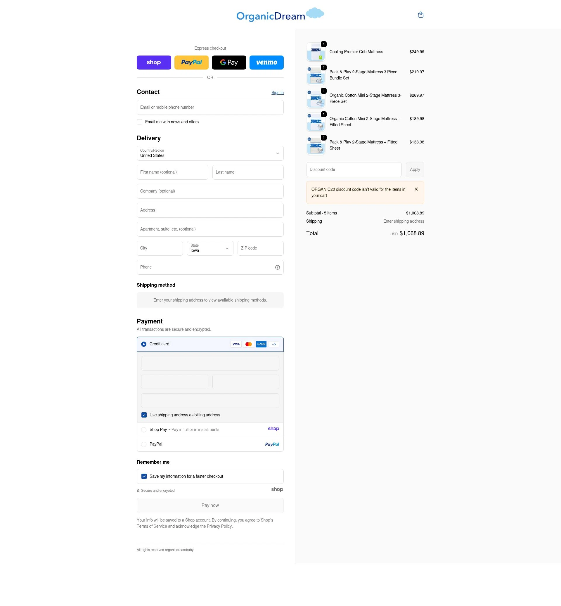 Organic Dream checkout page showing Organic Dream promo code box | Screenshot taken by SimplyCodes community member on Jan 7, 2026