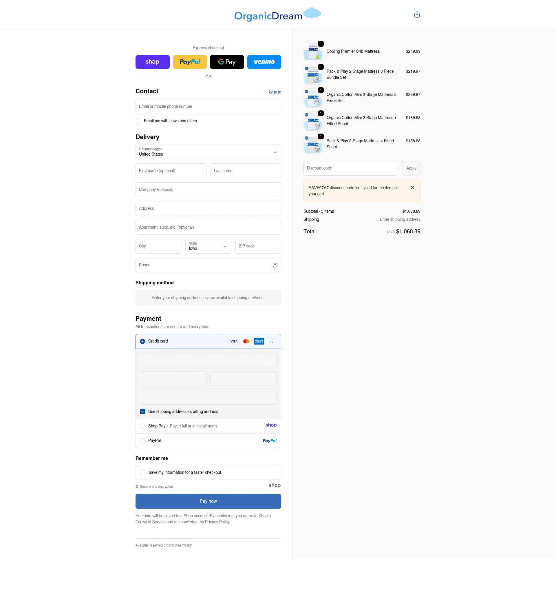 Organic Dream checkout page showing Organic Dream promo code box | Screenshot taken by SimplyCodes community member on Jan 7, 2026