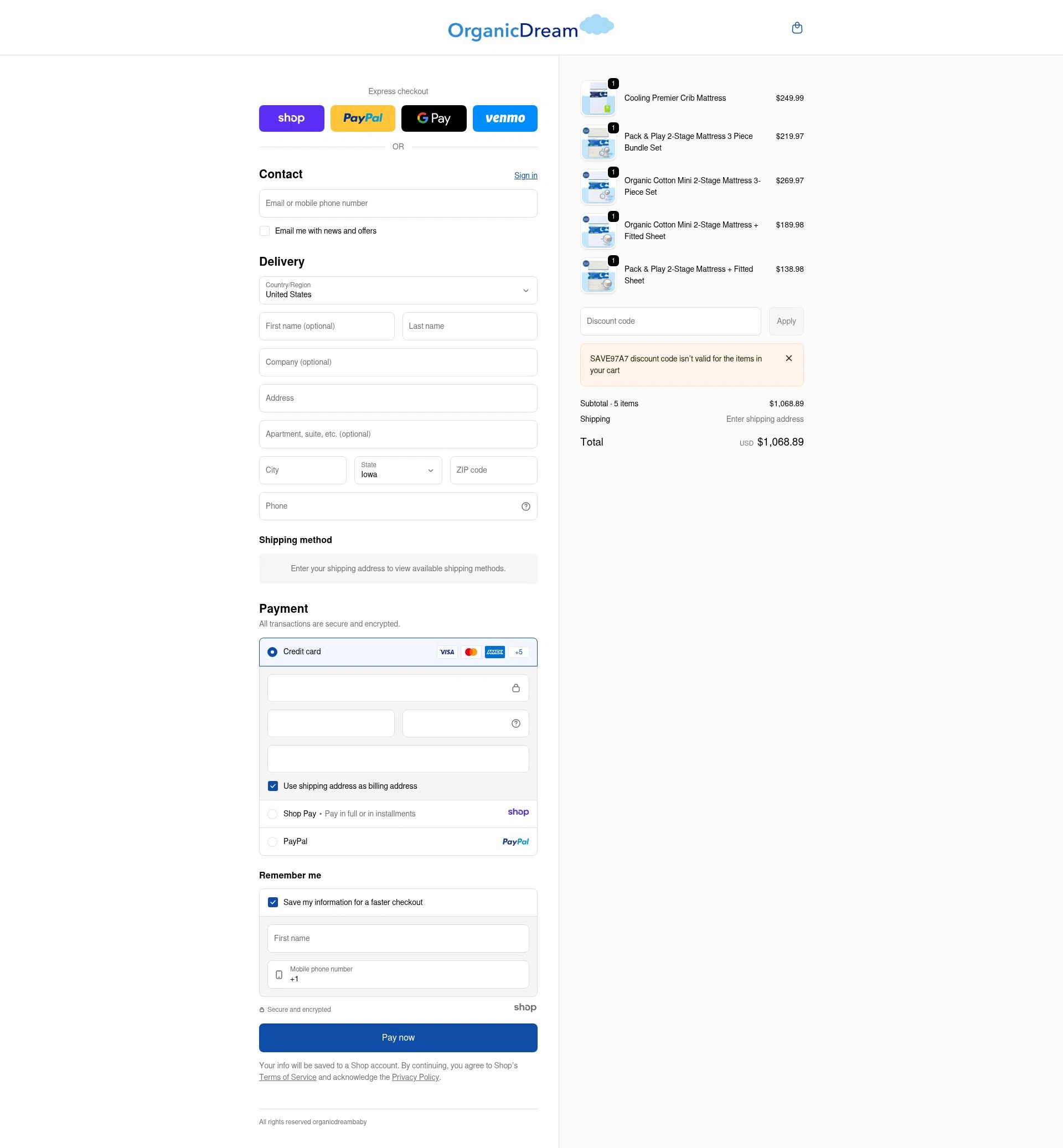 Organic Dream checkout page showing Organic Dream promo code box | Screenshot taken by SimplyCodes community member on Dec 28, 2025