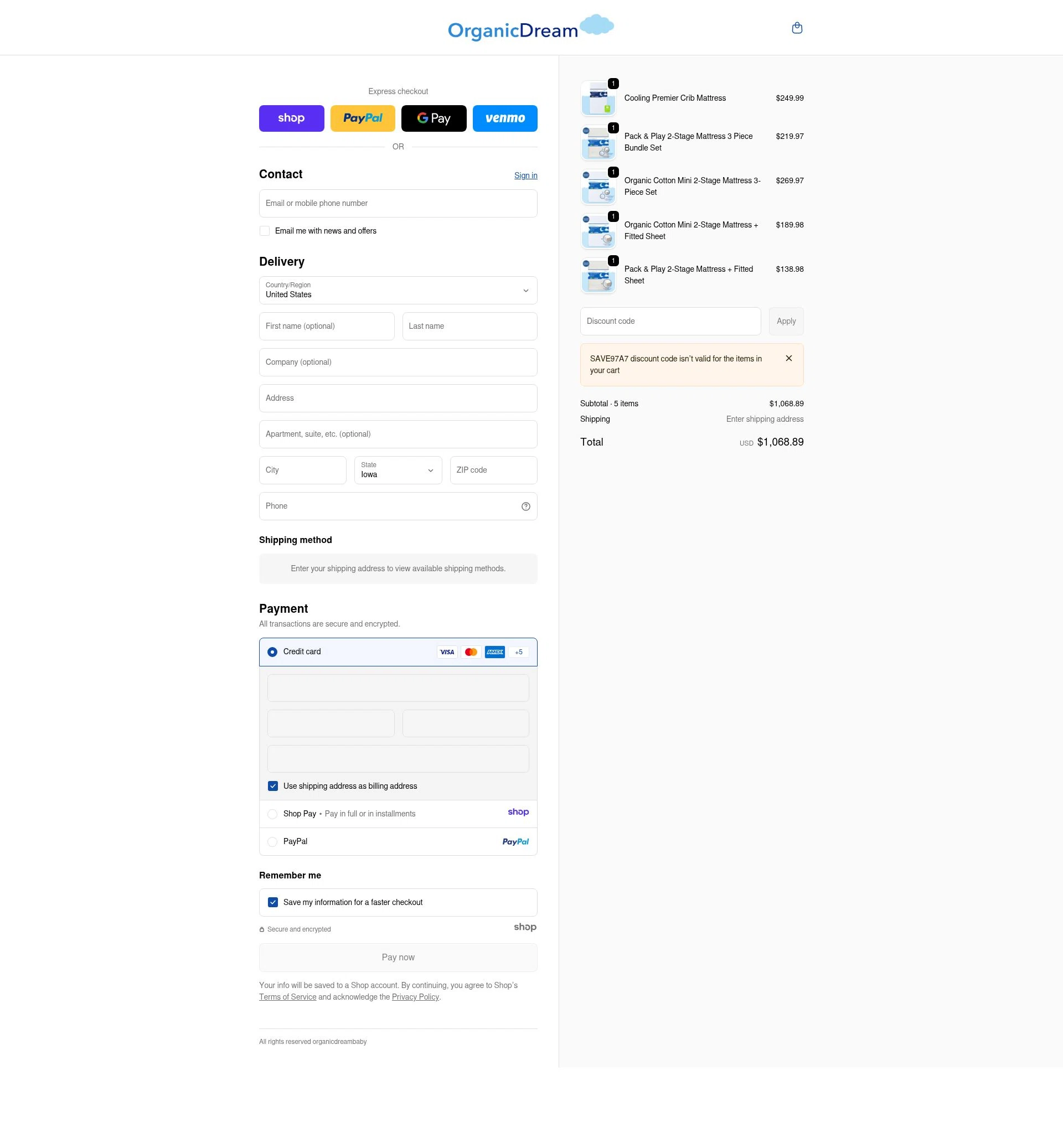 Organic Dream checkout page showing Organic Dream promo code box | Screenshot taken by SimplyCodes community member on Jan 2, 2026