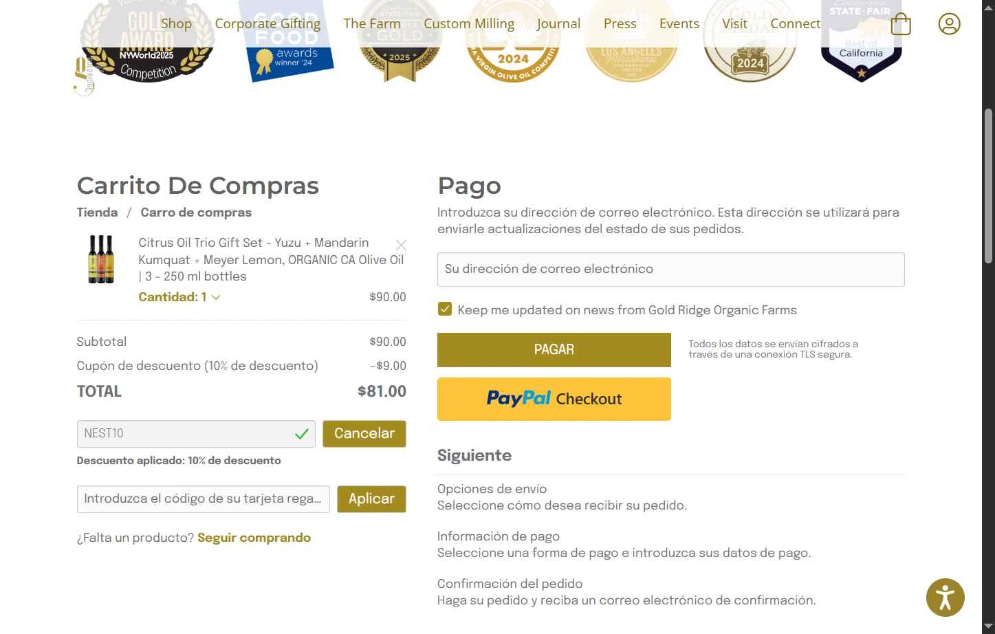 Gold Ridge Organic Farms checkout page showing Gold Ridge Organic Farms promo code box | Screenshot taken by SimplyCodes community member on May 20, 2025
