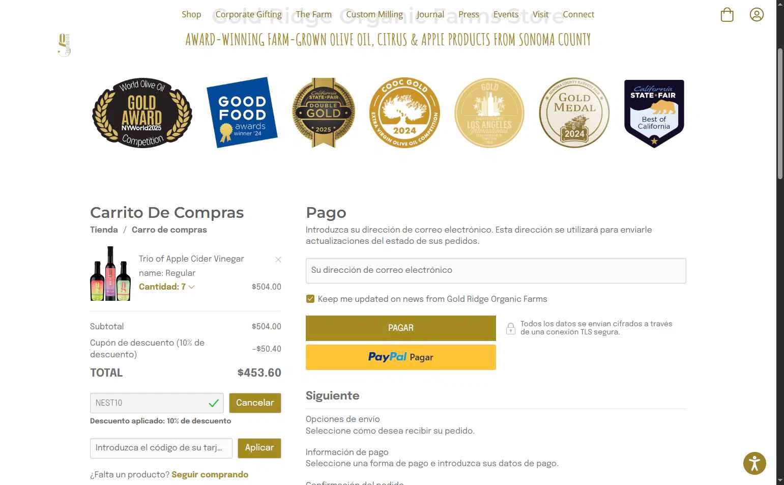 Gold Ridge Organic Farms checkout page showing Gold Ridge Organic Farms promo code box | Screenshot taken by SimplyCodes community member on Aug 12, 2025
