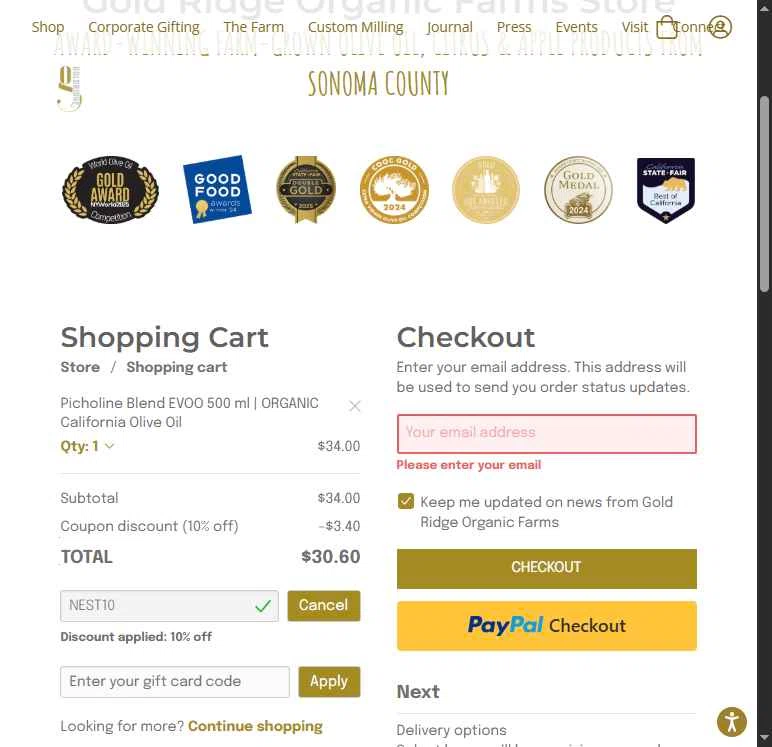Gold Ridge Organic Farms checkout page showing Gold Ridge Organic Farms promo code box | Screenshot taken by SimplyCodes community member on May 20, 2025