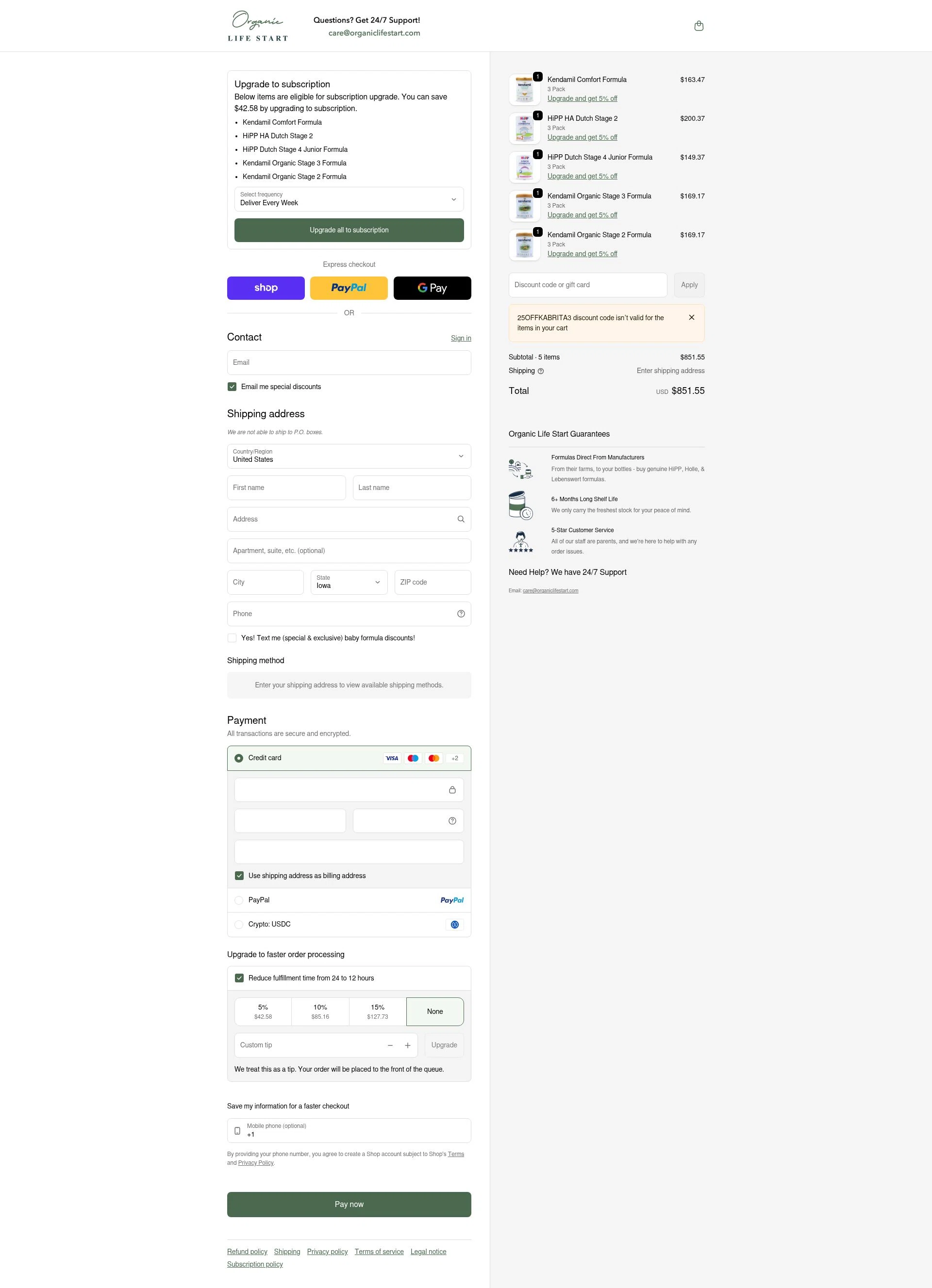 Organic Life Start checkout page showing Organic Life Start discount code box | Screenshot taken by SimplyCodes community member on Feb 6, 2026