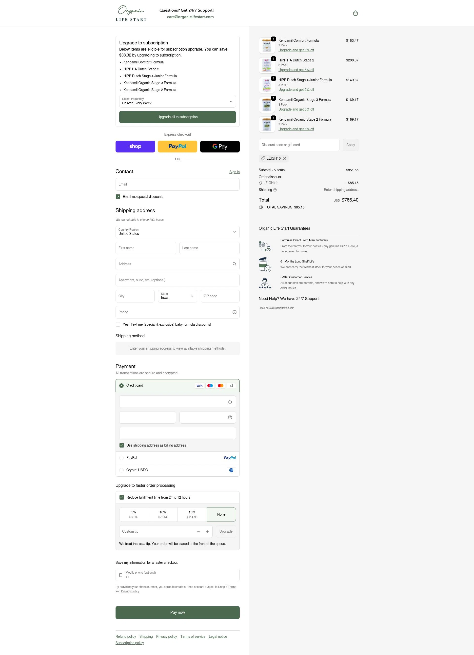 Organic Life Start checkout page showing Organic Life Start discount code box | Screenshot taken by SimplyCodes community member on Feb 6, 2026