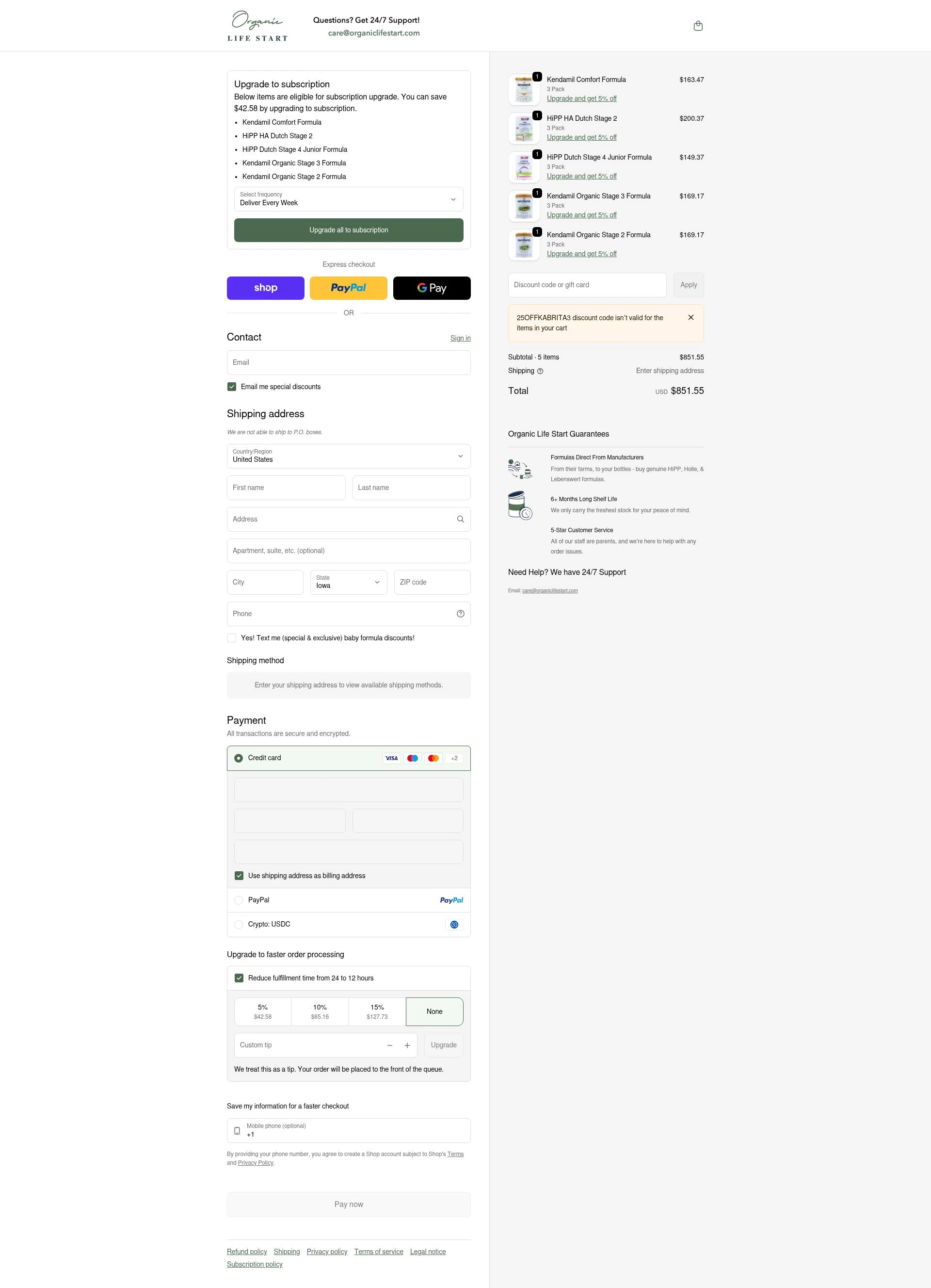 Organic Life Start checkout page showing Organic Life Start discount code box | Screenshot taken by SimplyCodes community member on Feb 1, 2026