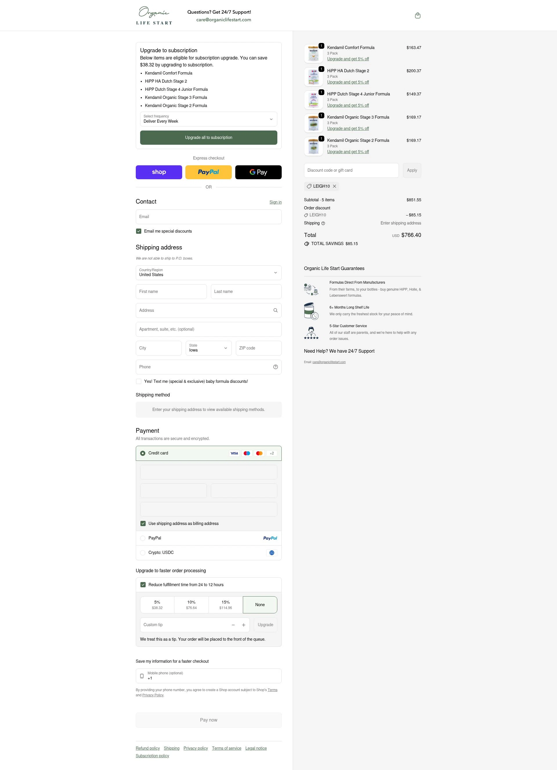 Organic Life Start checkout page showing Organic Life Start discount code box | Screenshot taken by SimplyCodes community member on Feb 1, 2026