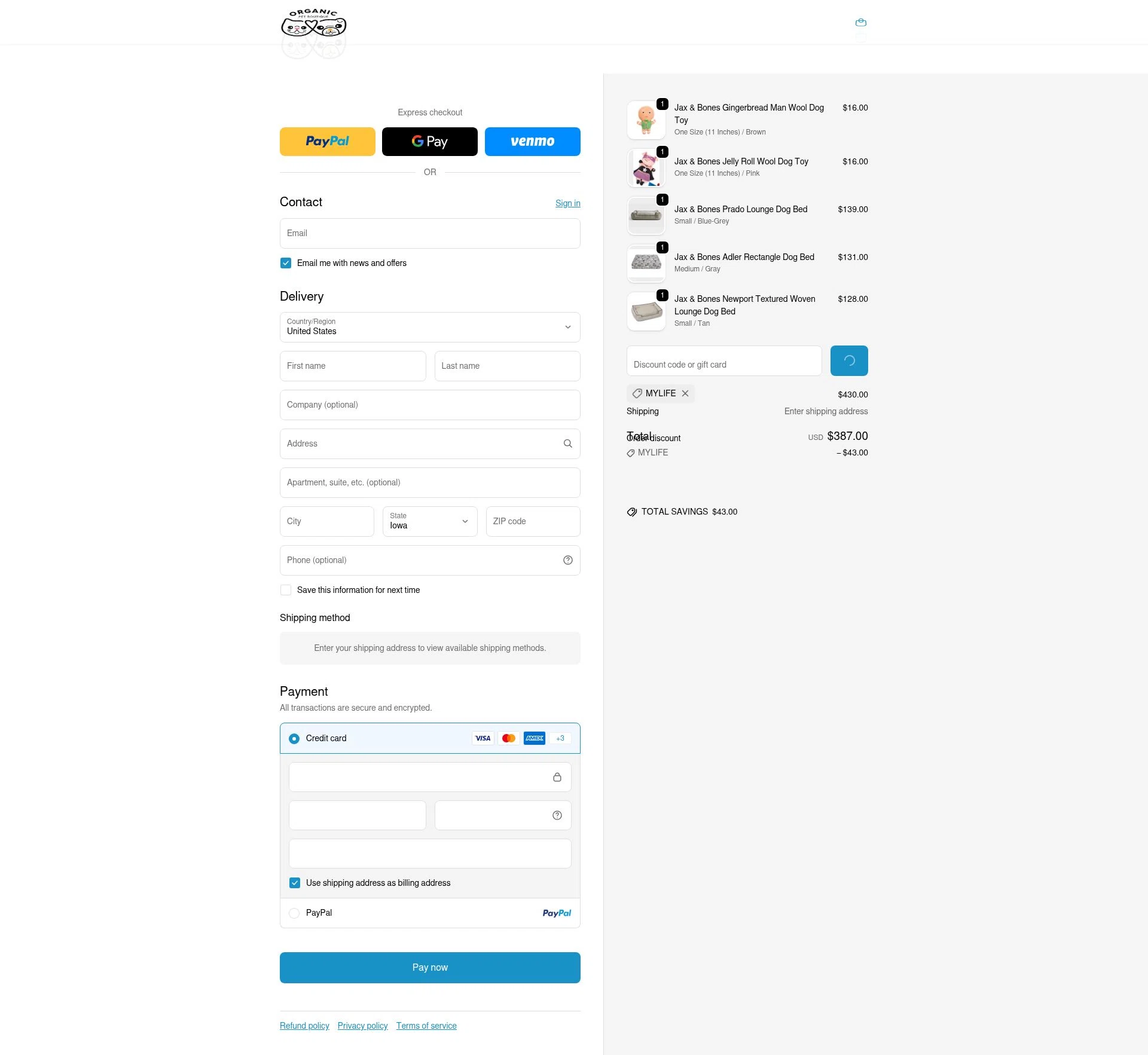 Organic Pet Boutique checkout page showing Organic Pet Boutique promo code box | Screenshot taken by SimplyCodes community member on Jan 29, 2026