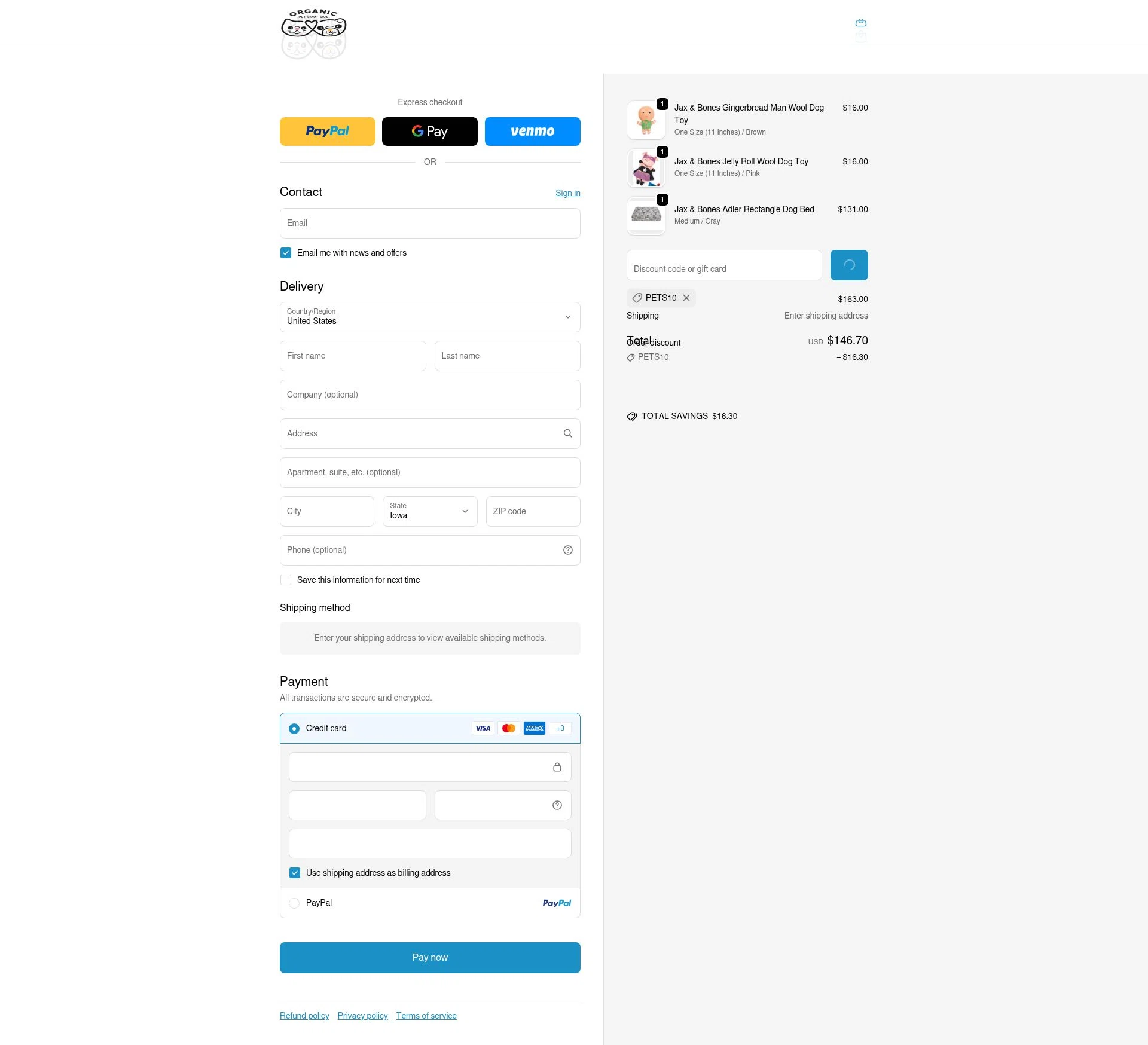Organic Pet Boutique checkout page showing Organic Pet Boutique promo code box | Screenshot taken by SimplyCodes community member on Feb 2, 2026