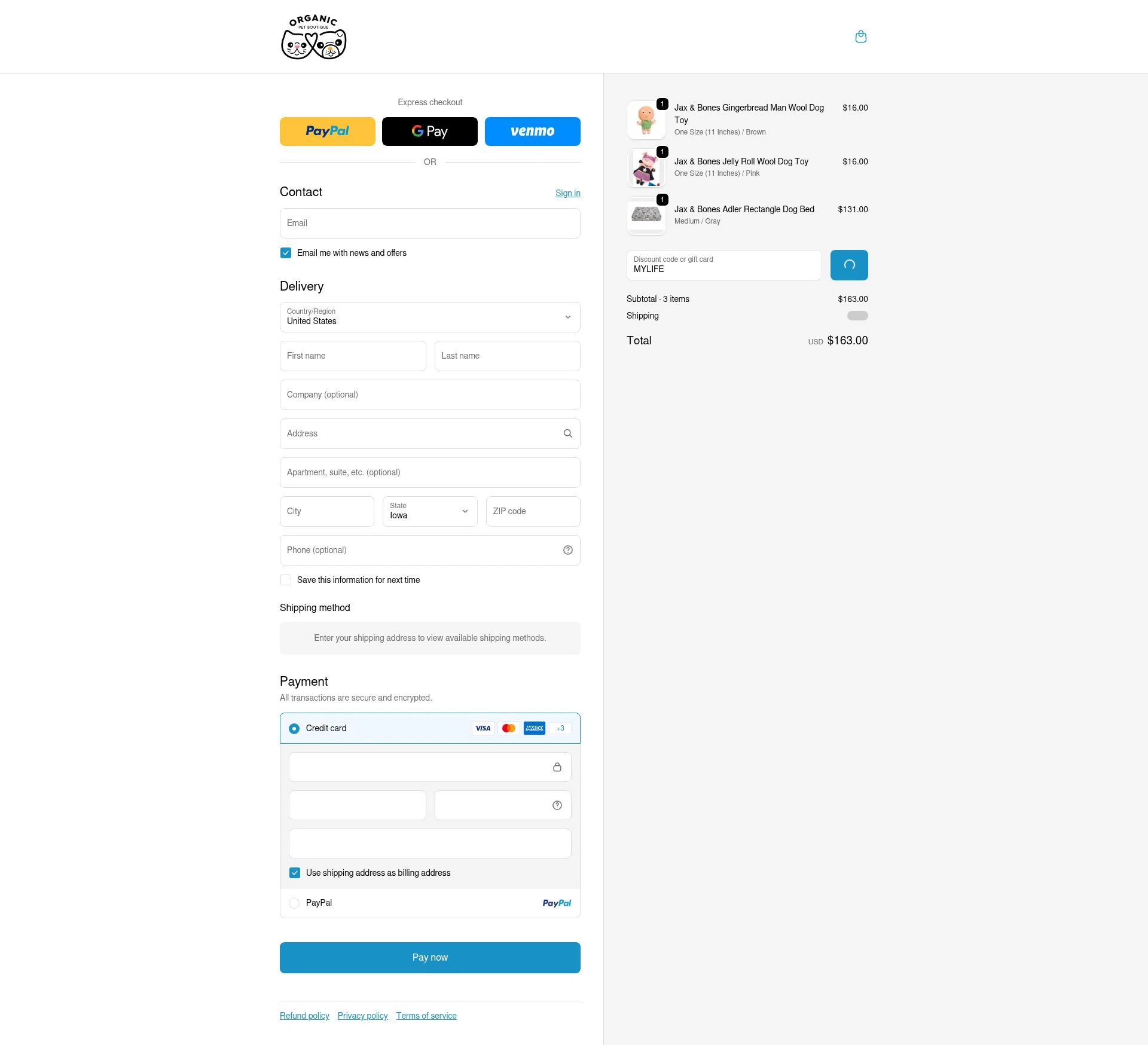 Organic Pet Boutique checkout page showing Organic Pet Boutique promo code box | Screenshot taken by SimplyCodes community member on Feb 2, 2026