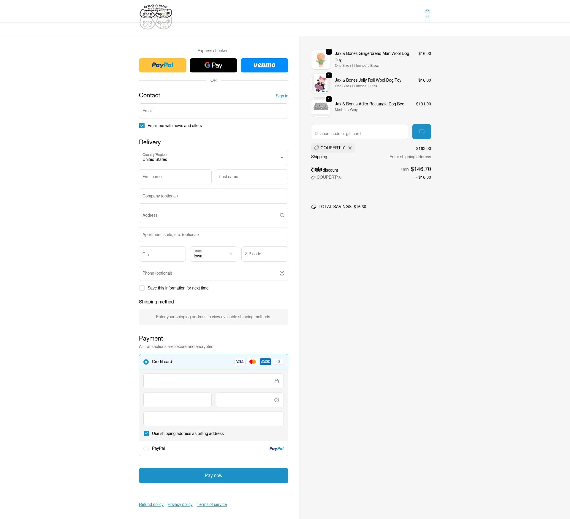 Organic Pet Boutique checkout page showing Organic Pet Boutique promo code box | Screenshot taken by SimplyCodes community member on Feb 2, 2026