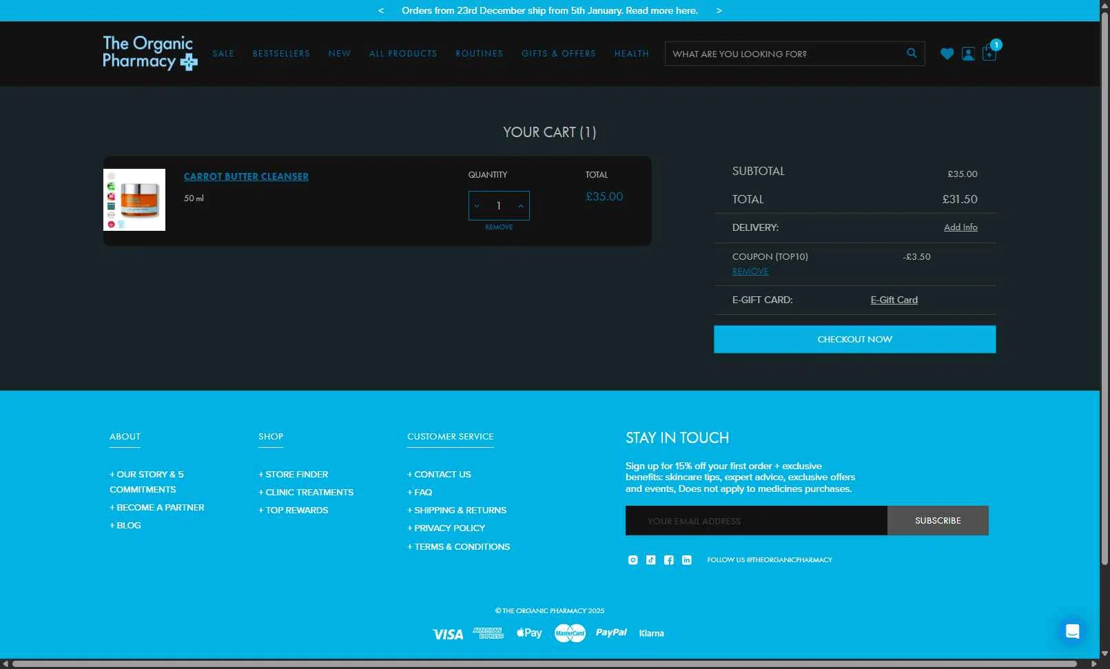 The Organic Pharmacy checkout page showing The Organic Pharmacy discount code box | Screenshot taken by SimplyCodes community member on Dec 24, 2025