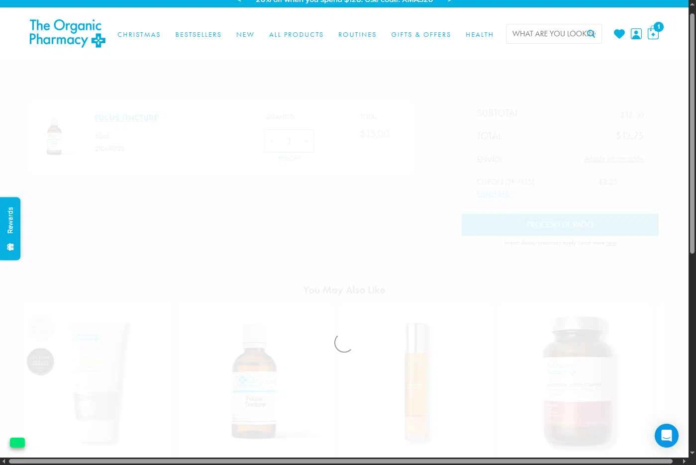 The Organic Pharmacy checkout page showing The Organic Pharmacy discount code box | Screenshot taken by SimplyCodes community member on Dec 15, 2025