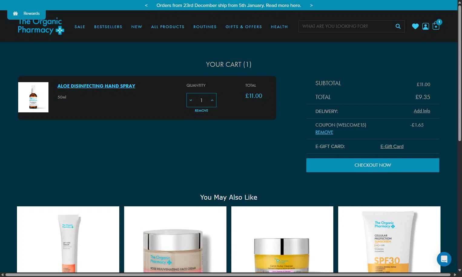 The Organic Pharmacy checkout page showing The Organic Pharmacy discount code box | Screenshot taken by SimplyCodes community member on Dec 26, 2025
