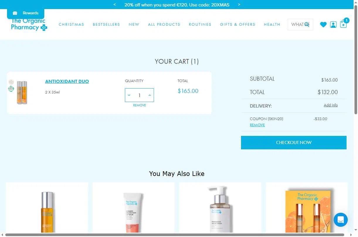 The Organic Pharmacy checkout page showing The Organic Pharmacy discount code box | Screenshot taken by SimplyCodes community member on Dec 16, 2025