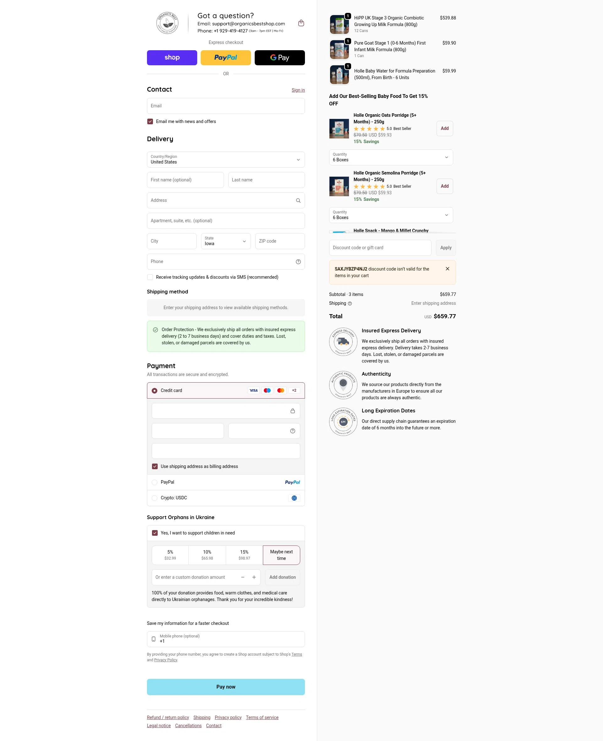 Organic's Best checkout page showing Organic's Best coupon code box | Screenshot taken by SimplyCodes community member on Feb 5, 2026