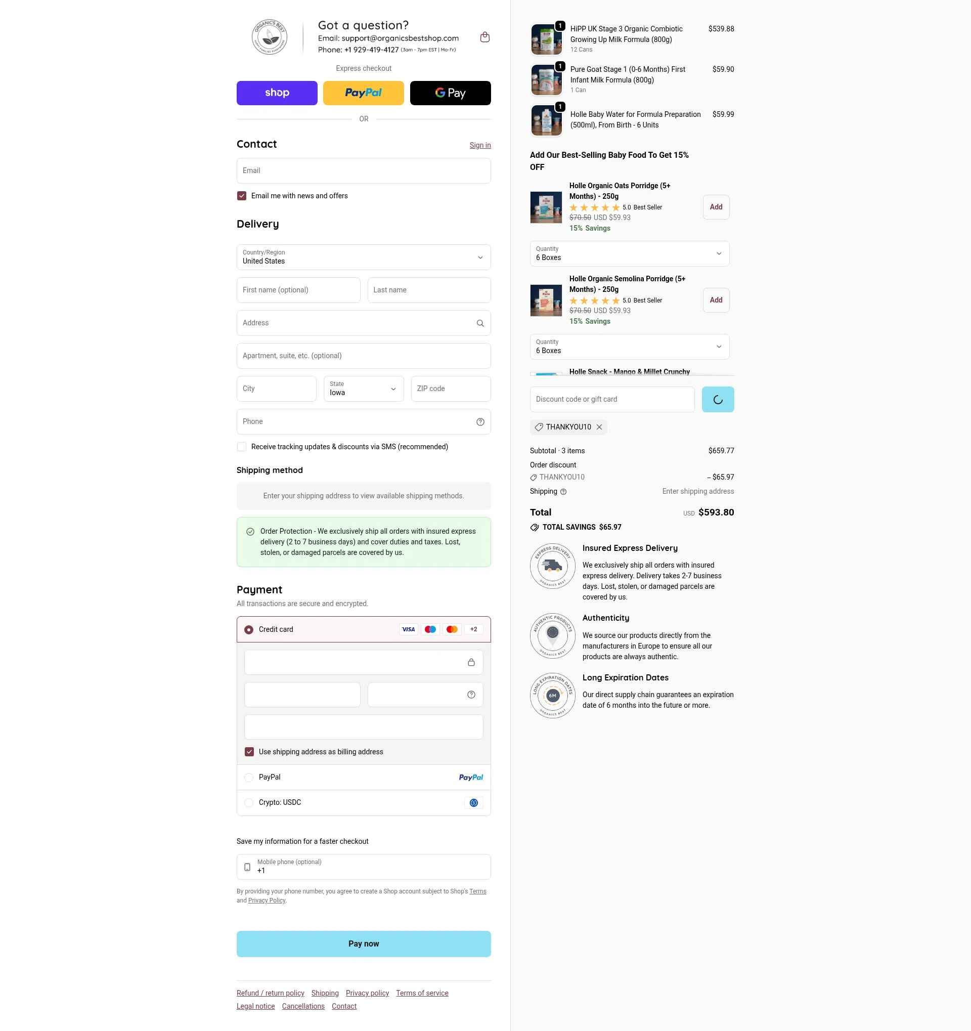 Organic's Best checkout page showing Organic's Best coupon code box | Screenshot taken by SimplyCodes community member on Feb 1, 2026