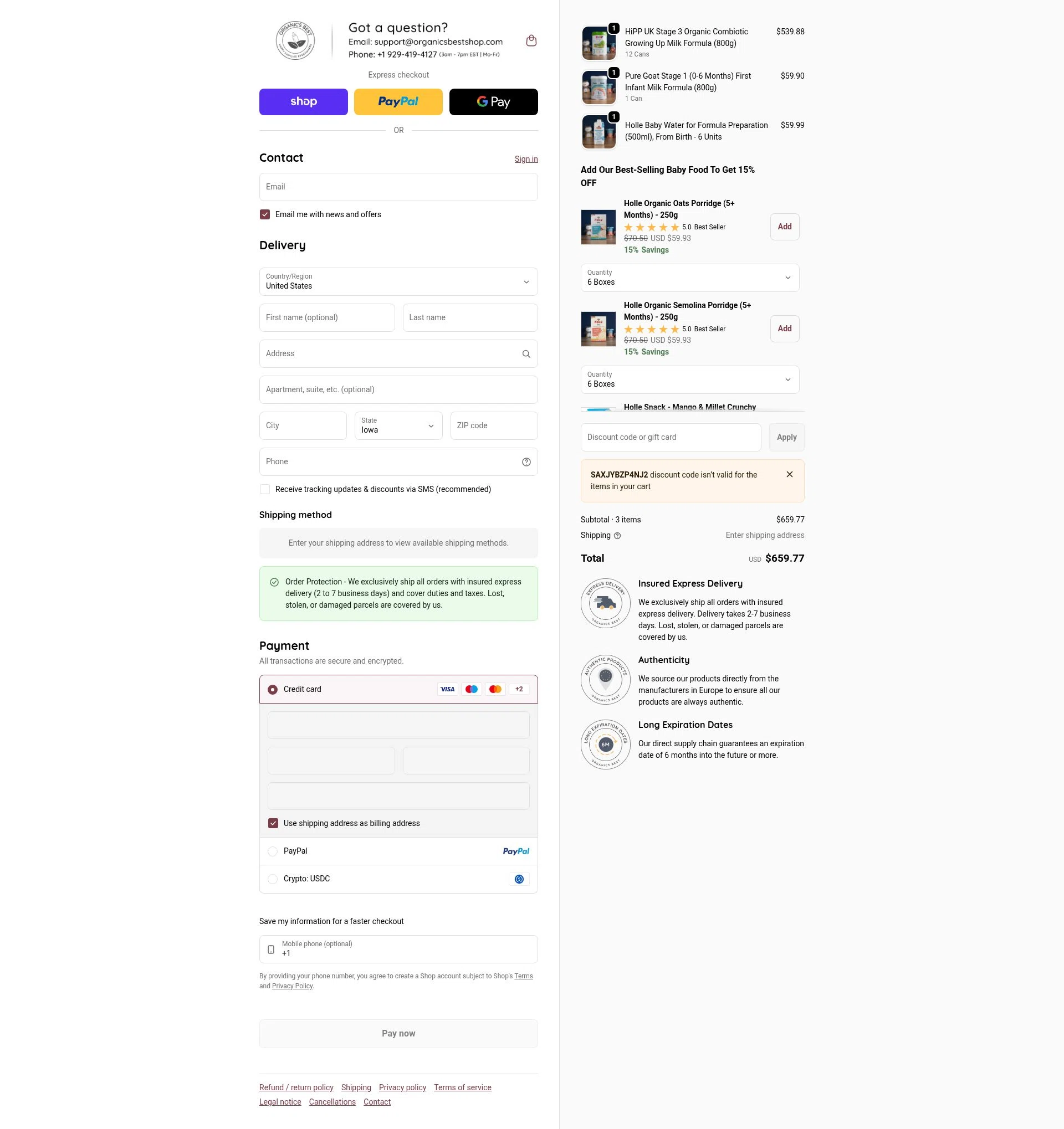Organic's Best checkout page showing Organic's Best coupon code box | Screenshot taken by SimplyCodes community member on Feb 1, 2026