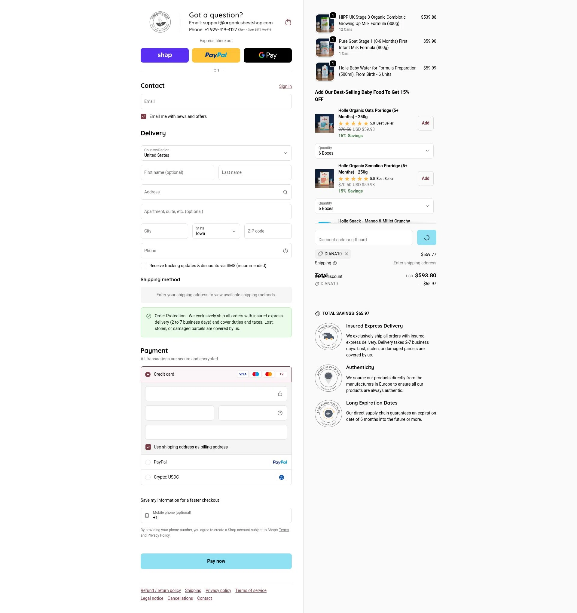 Organic's Best checkout page showing Organic's Best coupon code box | Screenshot taken by SimplyCodes community member on Feb 1, 2026