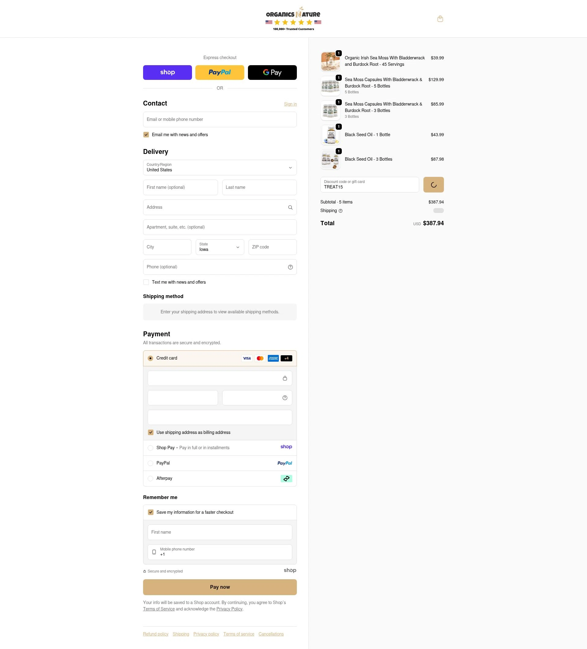 Organics Nature checkout page showing Organics Nature coupon code box | Screenshot taken by SimplyCodes community member on Jan 2, 2026