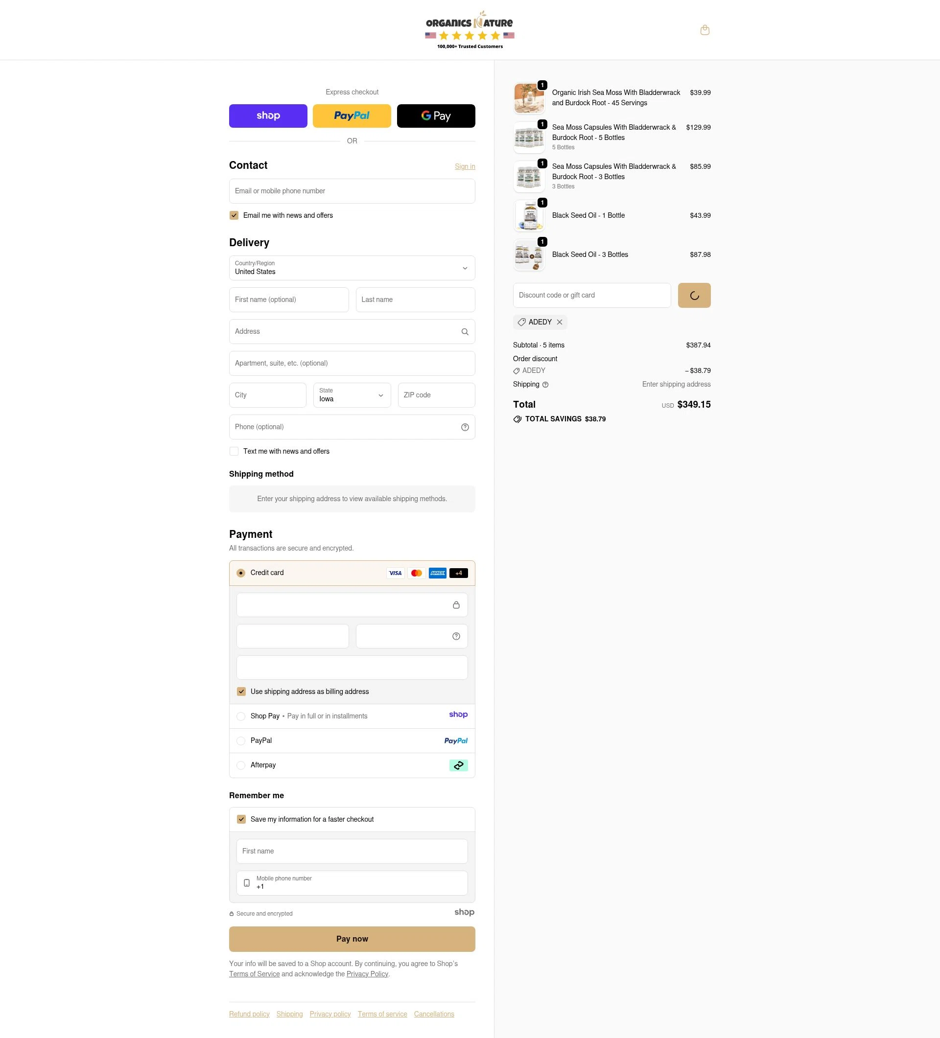 Organics Nature checkout page showing Organics Nature coupon code box | Screenshot taken by SimplyCodes community member on Jan 2, 2026