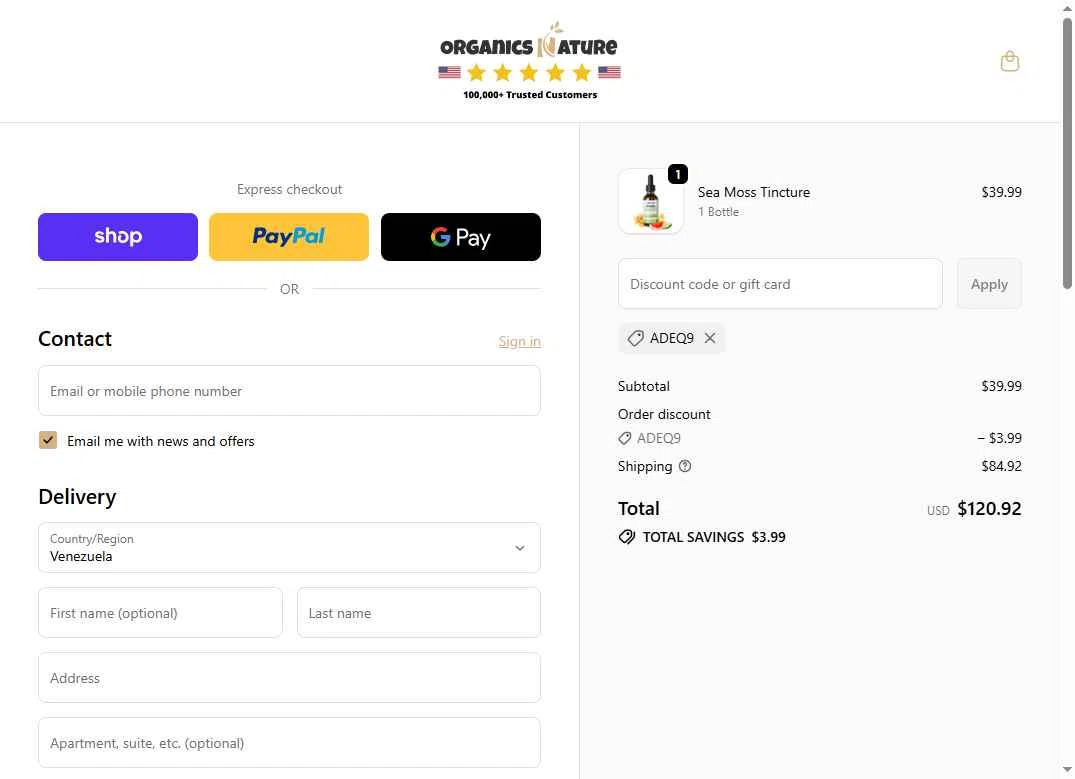 Organics Nature checkout page showing Organics Nature coupon code box | Screenshot taken by SimplyCodes community member on Jan 2, 2026
