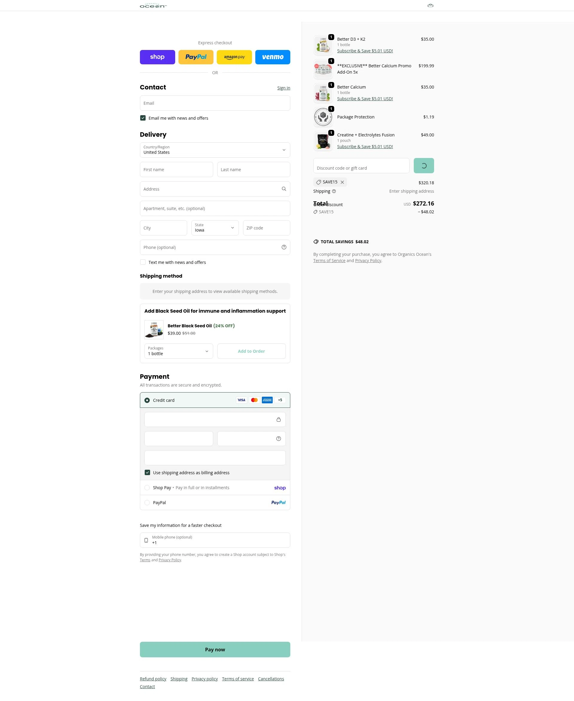 Organics Ocean checkout page showing Organics Ocean discount code box | Screenshot taken by SimplyCodes community member on Feb 10, 2026