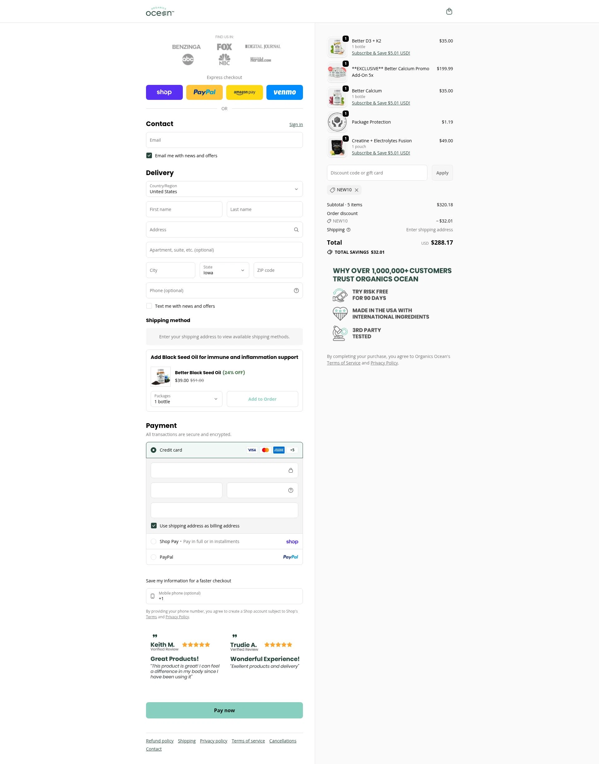 Organics Ocean checkout page showing Organics Ocean discount code box | Screenshot taken by SimplyCodes community member on Feb 9, 2026