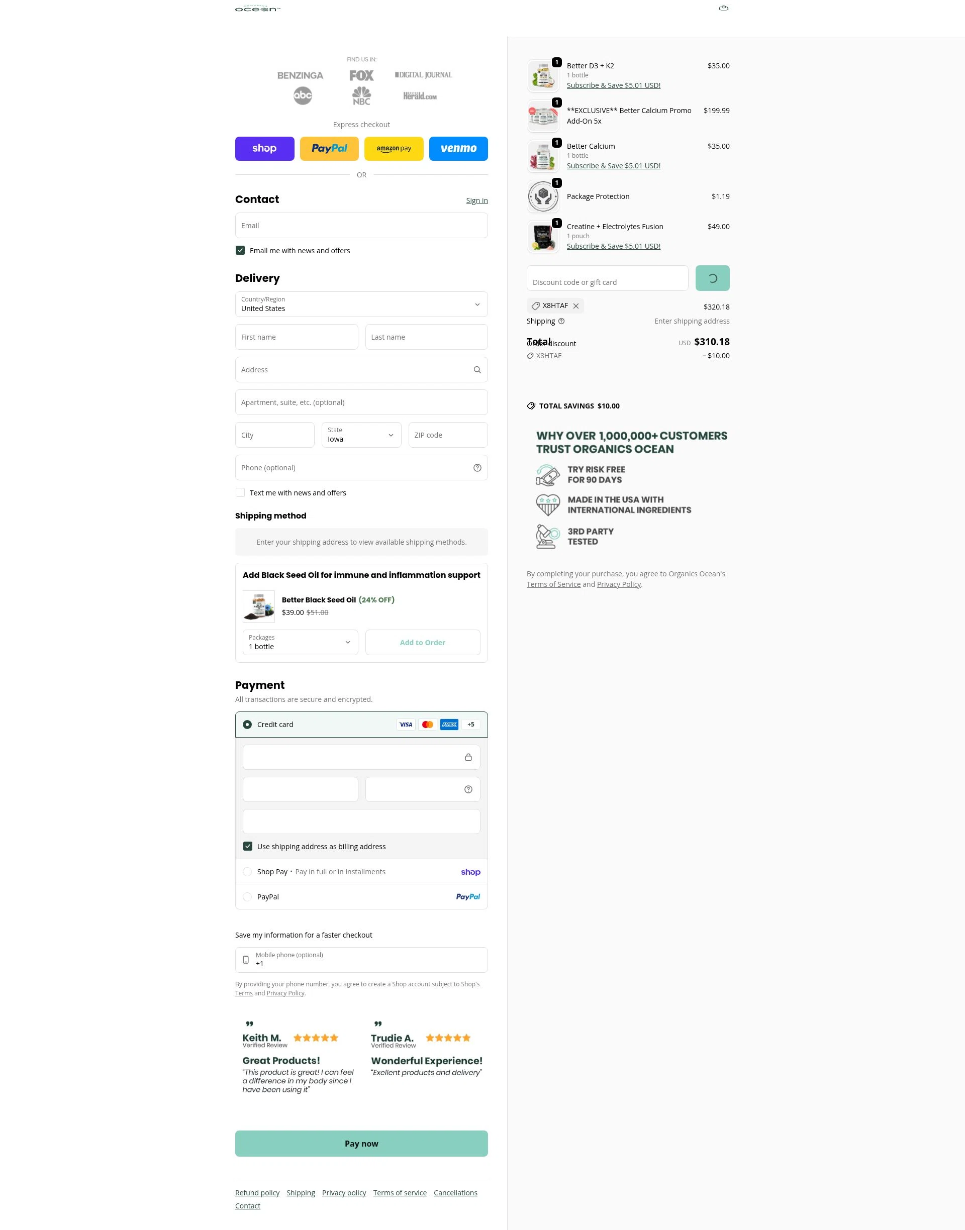 Organics Ocean checkout page showing Organics Ocean discount code box | Screenshot taken by SimplyCodes community member on Feb 9, 2026