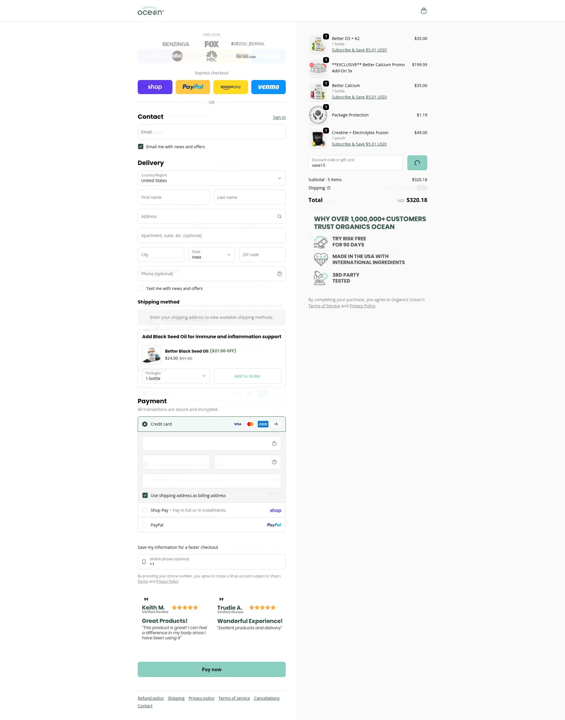 Organics Ocean checkout page showing Organics Ocean discount code box | Screenshot taken by SimplyCodes community member on Feb 9, 2026