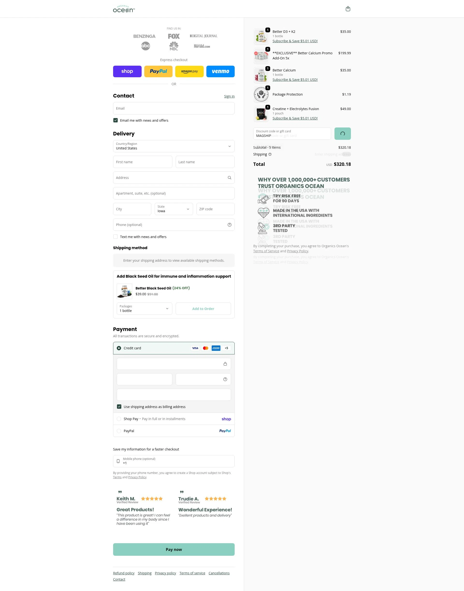 Organics Ocean checkout page showing Organics Ocean discount code box | Screenshot taken by SimplyCodes community member on Feb 9, 2026