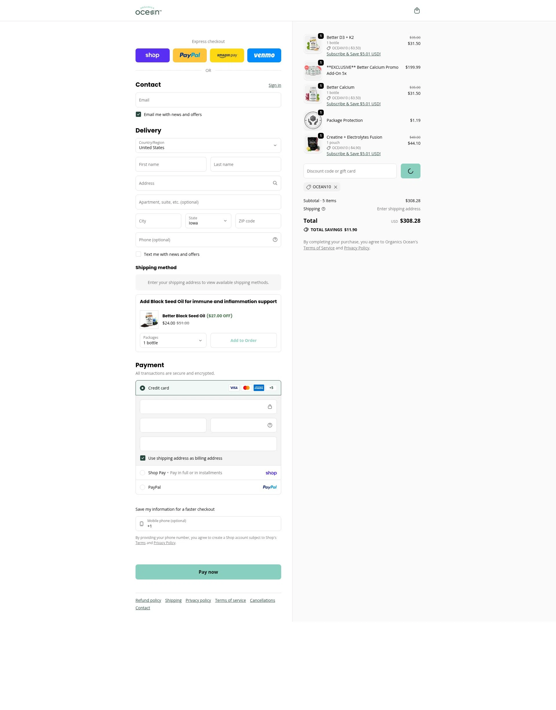 Organics Ocean checkout page showing Organics Ocean discount code box | Screenshot taken by SimplyCodes community member on Feb 9, 2026