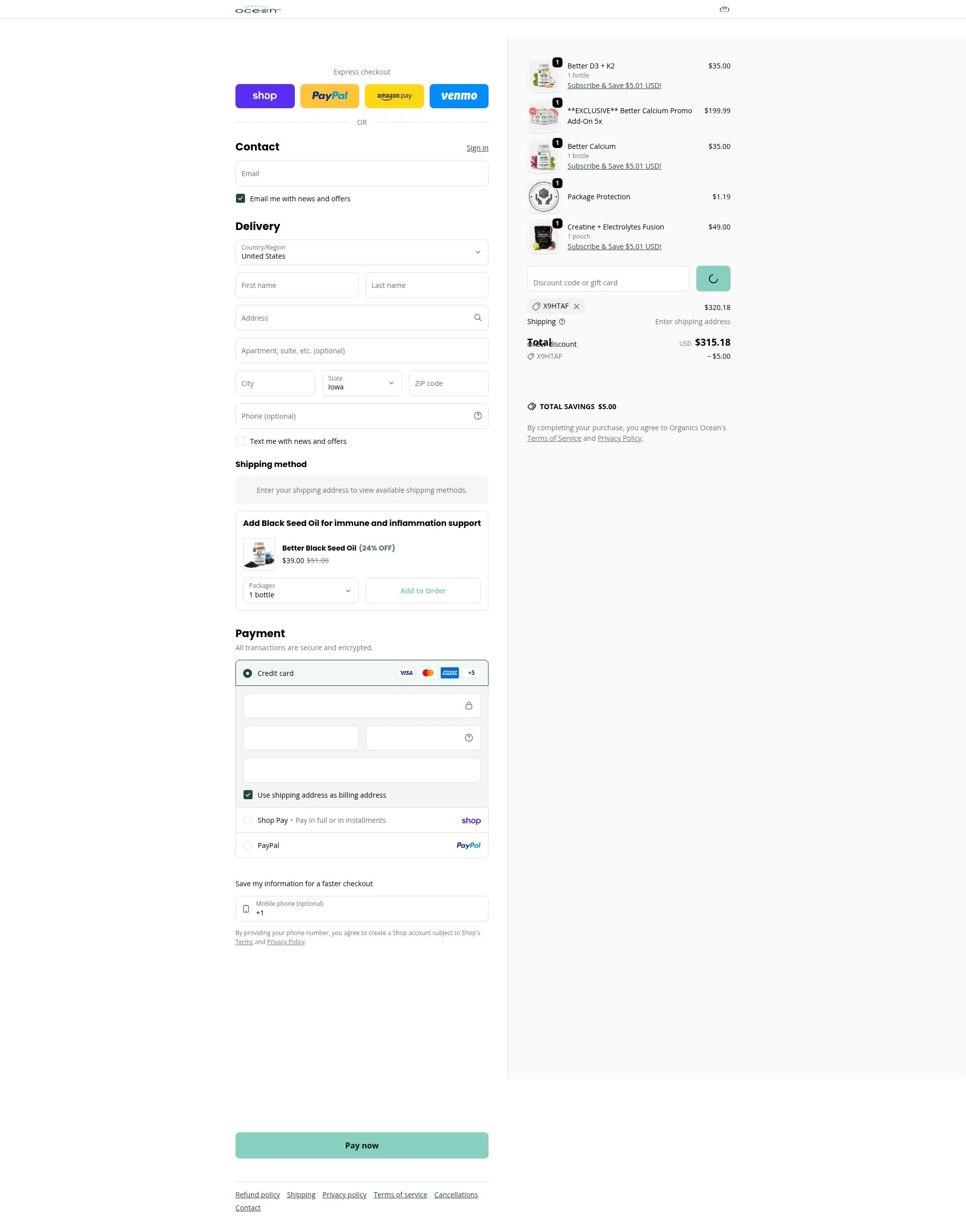 Organics Ocean checkout page showing Organics Ocean discount code box | Screenshot taken by SimplyCodes community member on Feb 9, 2026