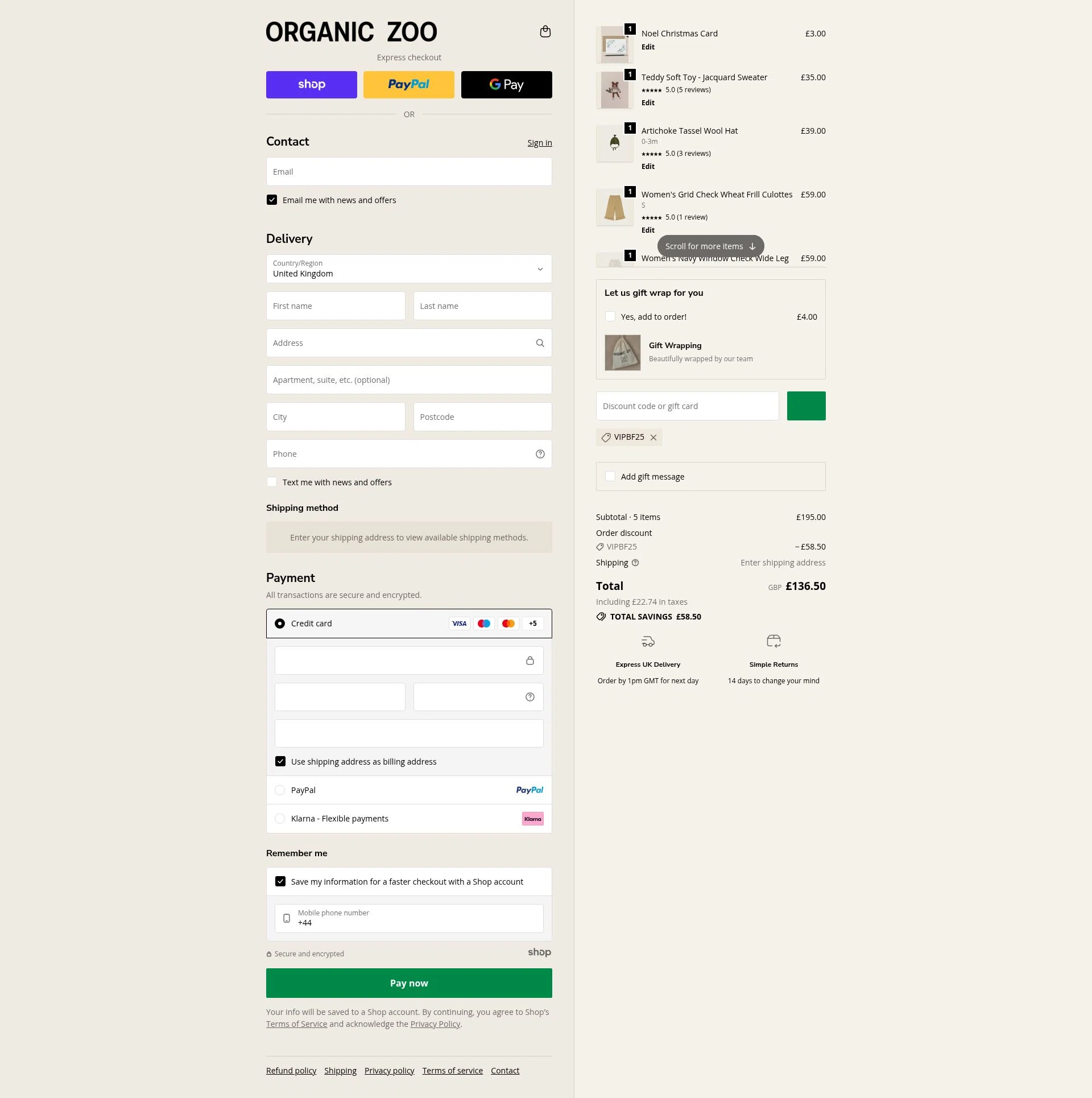 Organic Zoo checkout page showing Organic Zoo discount code box | Screenshot taken by SimplyCodes community member on Nov 19, 2025