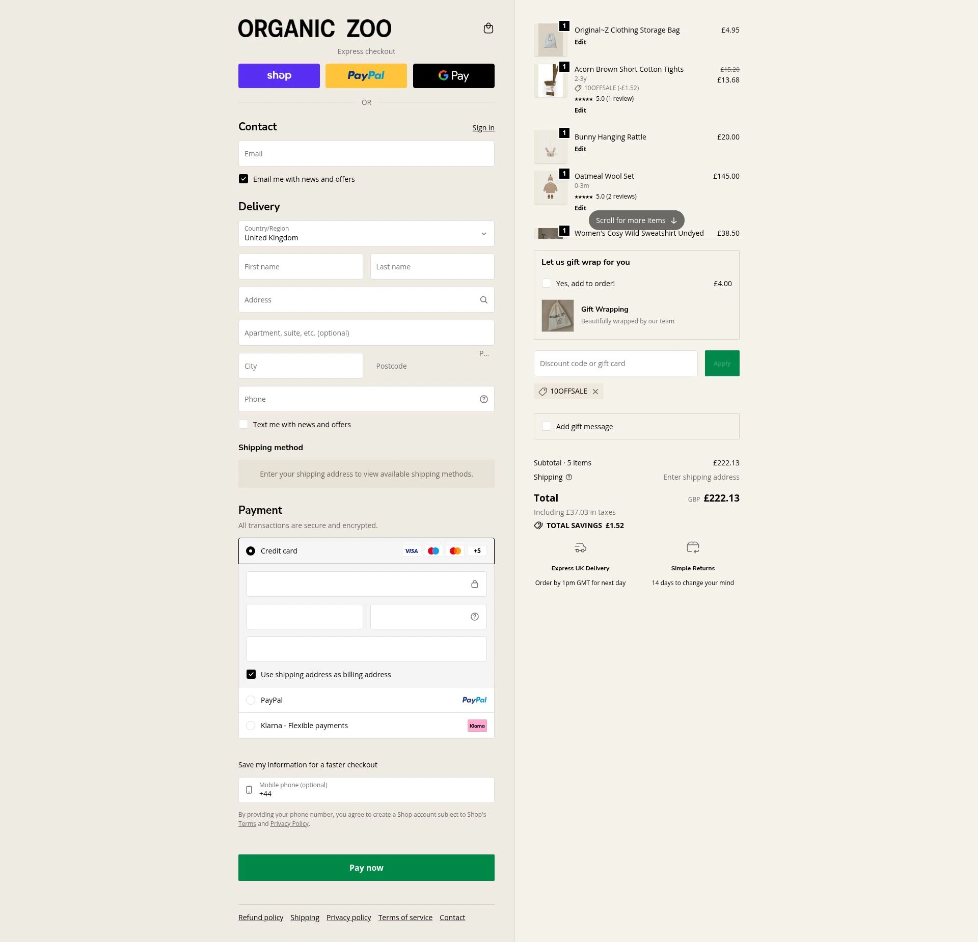 Organic Zoo checkout page showing Organic Zoo discount code box | Screenshot taken by SimplyCodes community member on Feb 9, 2026