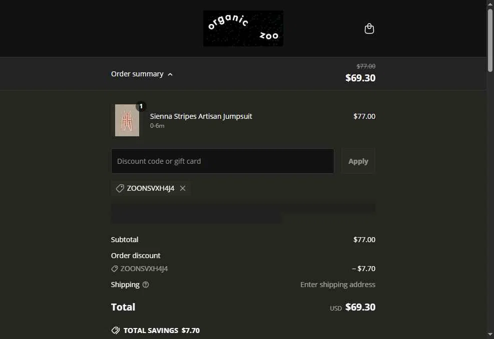 Organic Zoo checkout page showing Organic Zoo discount code box | Screenshot taken by SimplyCodes community member on May 11, 2025
