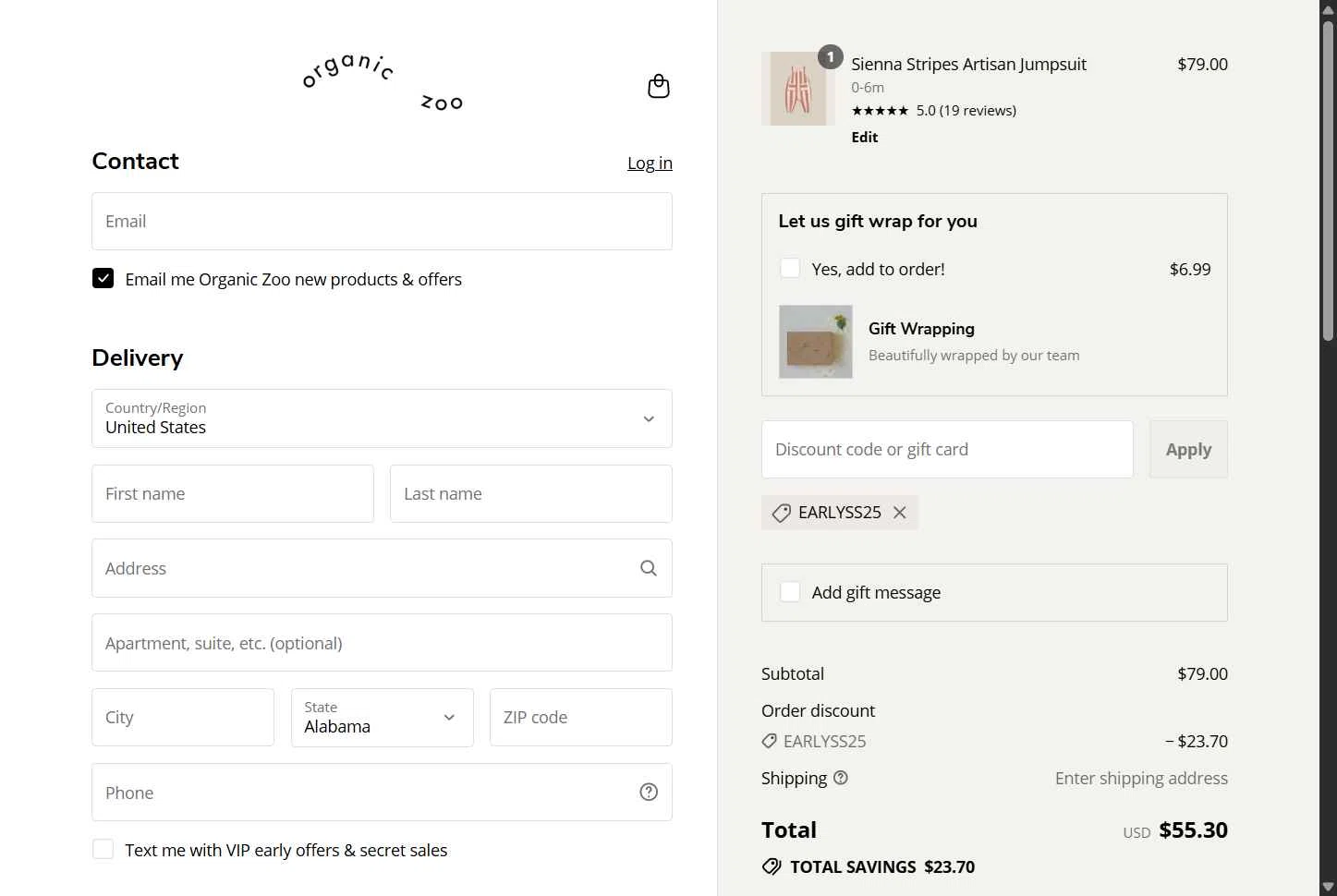 Organic Zoo checkout page showing Organic Zoo discount code box | Screenshot taken by SimplyCodes community member on Jul 10, 2025