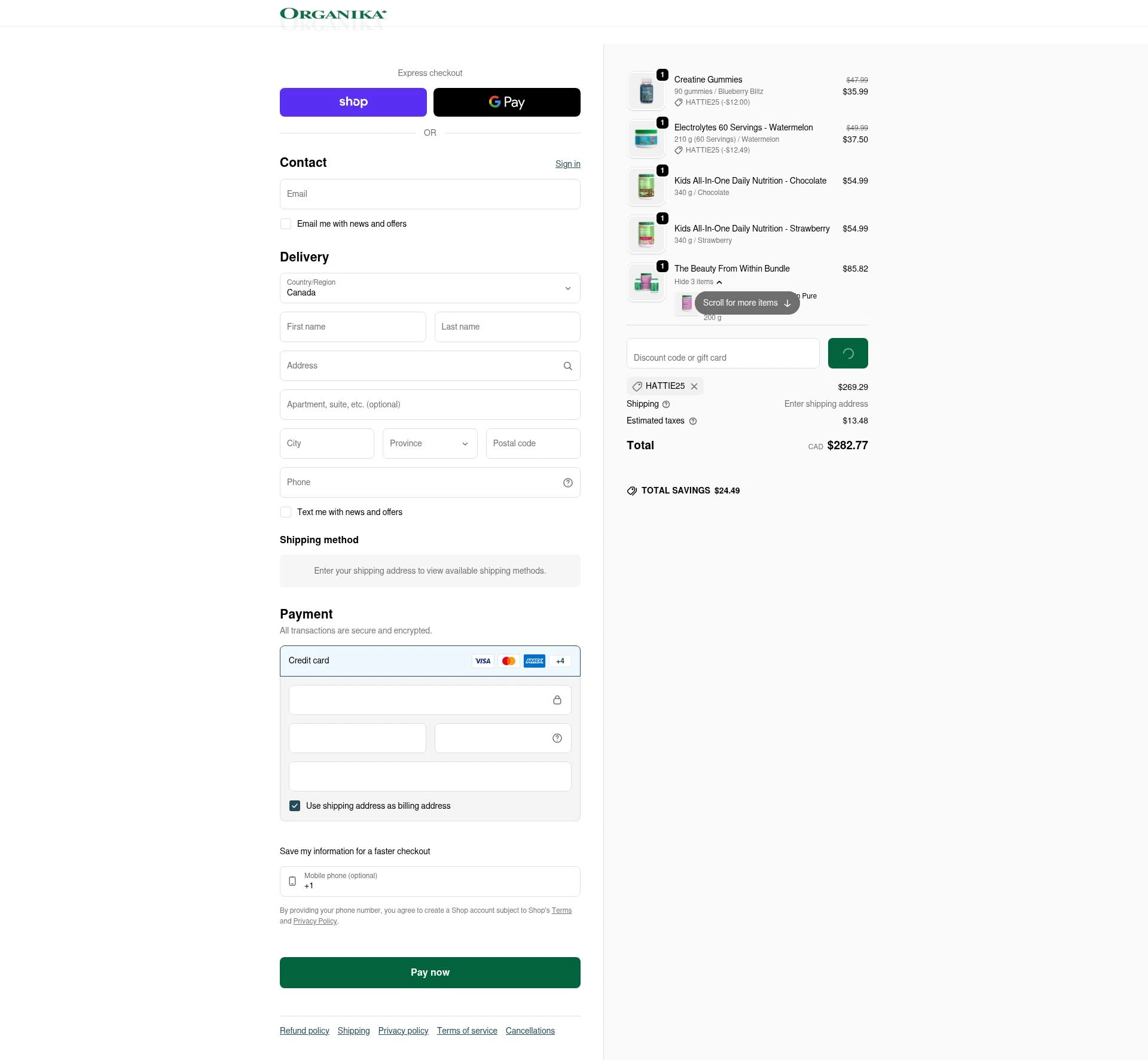 Organika checkout page showing Organika promo code box | Screenshot taken by SimplyCodes community member on Feb 11, 2026