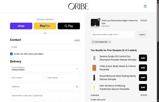 Oribe Haircare checkout page showing Oribe Haircare promo code box | Screenshot taken by SimplyCodes community member on Sep 2, 2025