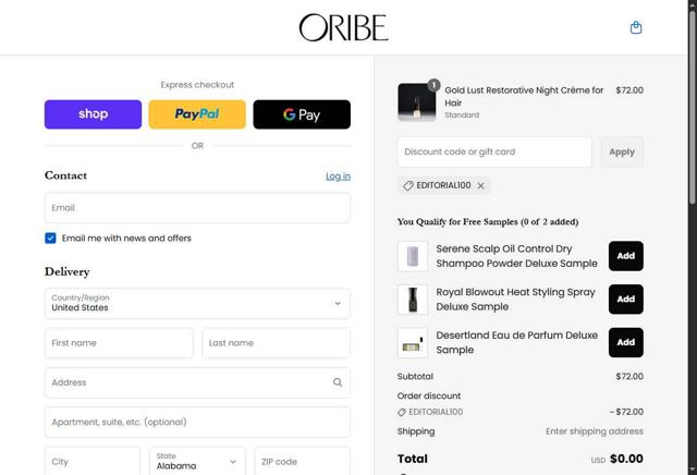 Oribe Haircare checkout page showing Oribe Haircare promo code box | Screenshot taken by SimplyCodes community member on Sep 5, 2025