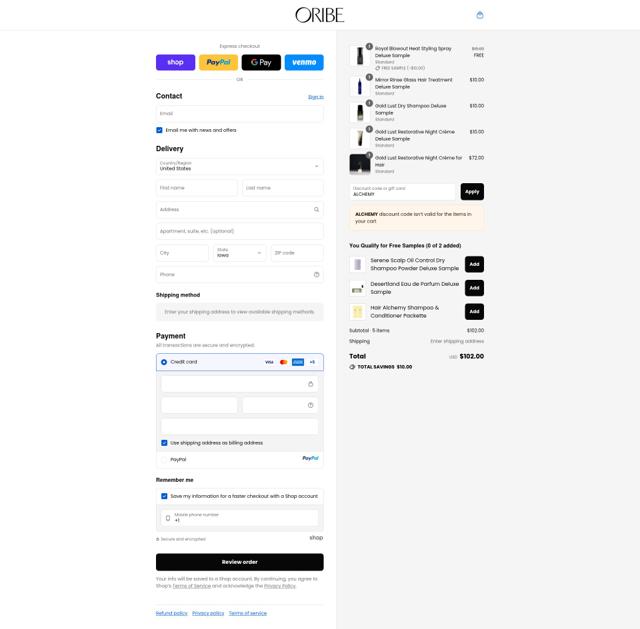Oribe Haircare checkout page showing Oribe Haircare promo code box | Screenshot taken by SimplyCodes community member on Sep 10, 2025