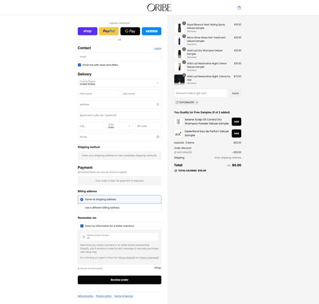 Oribe Haircare checkout page showing Oribe Haircare promo code box | Screenshot taken by SimplyCodes community member on Sep 5, 2025