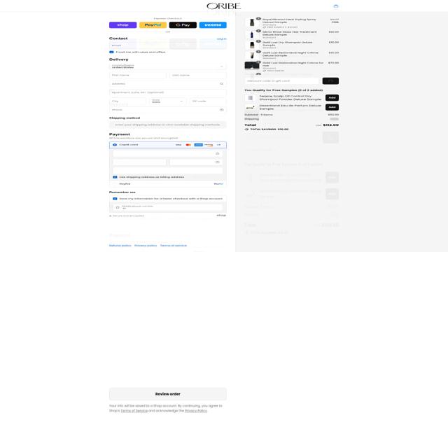 Oribe Haircare checkout page showing Oribe Haircare promo code box | Screenshot taken by SimplyCodes community member on Sep 6, 2025